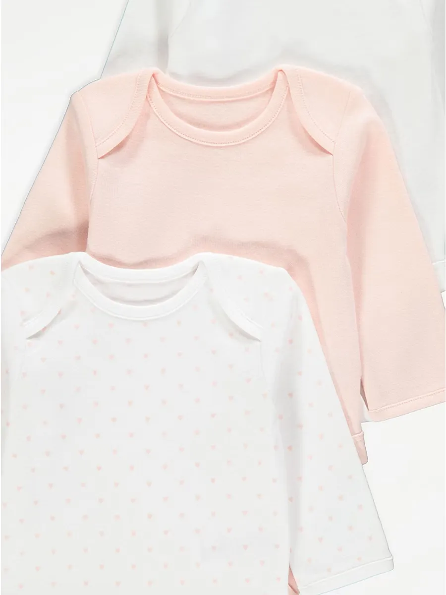 White Mini Heart Long Sleeve Bodysuits 3 Pack