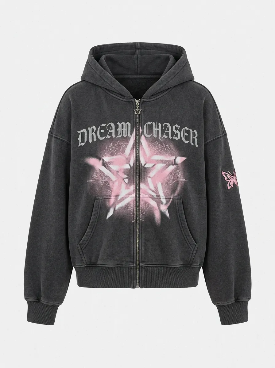Unisex Streetwear Dream Chaser Pink Star Butterfly Printed Zip-up Hoodie