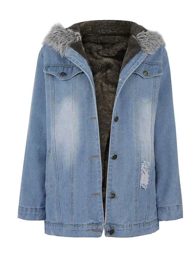 Women's Denim Jacket Hoodie Jacket Daily Fall Winter Regular Coat Loose Fit Streetwear Jacket Long Sleeve Pocket Black Blue Grey