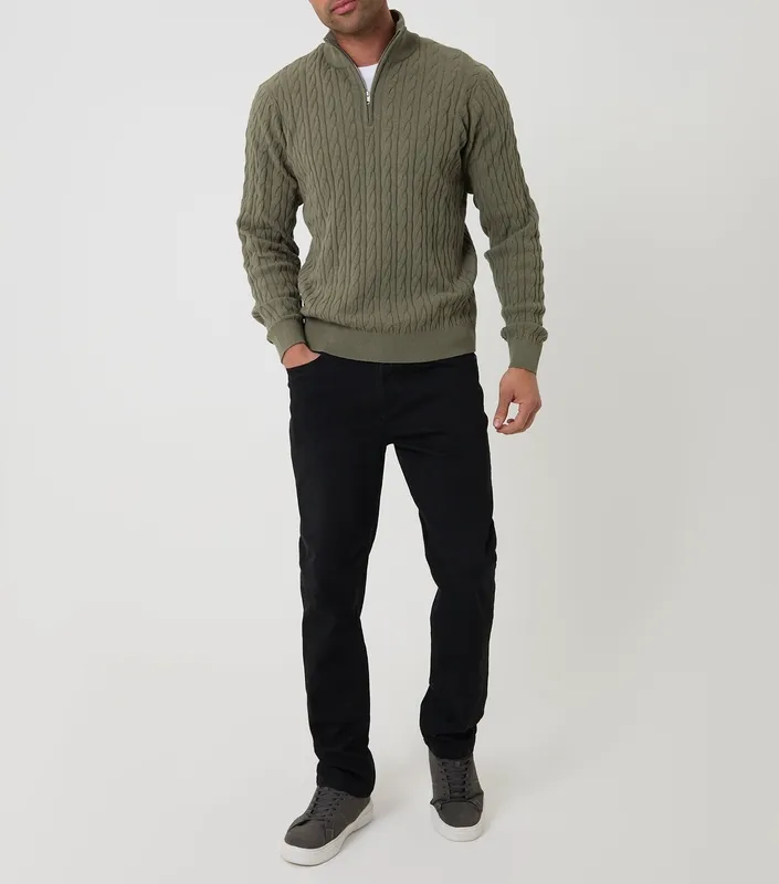 Olive Green Cable-Knit Quarter-Zip Sweater