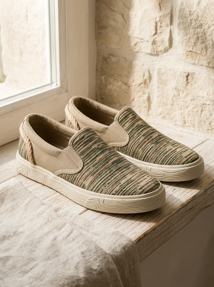 Men's Casual Beach Style Green Striped Printed Canvas Shoes