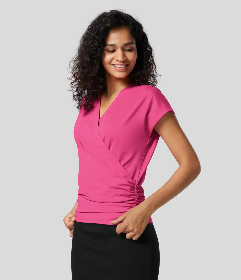 V Neck Cap Sleeve Crossover Ruched Solid Work Blouse