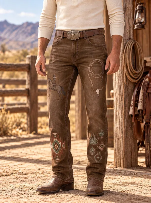 Men's Western Cowboy Rodeo Lasso Skull Jeans