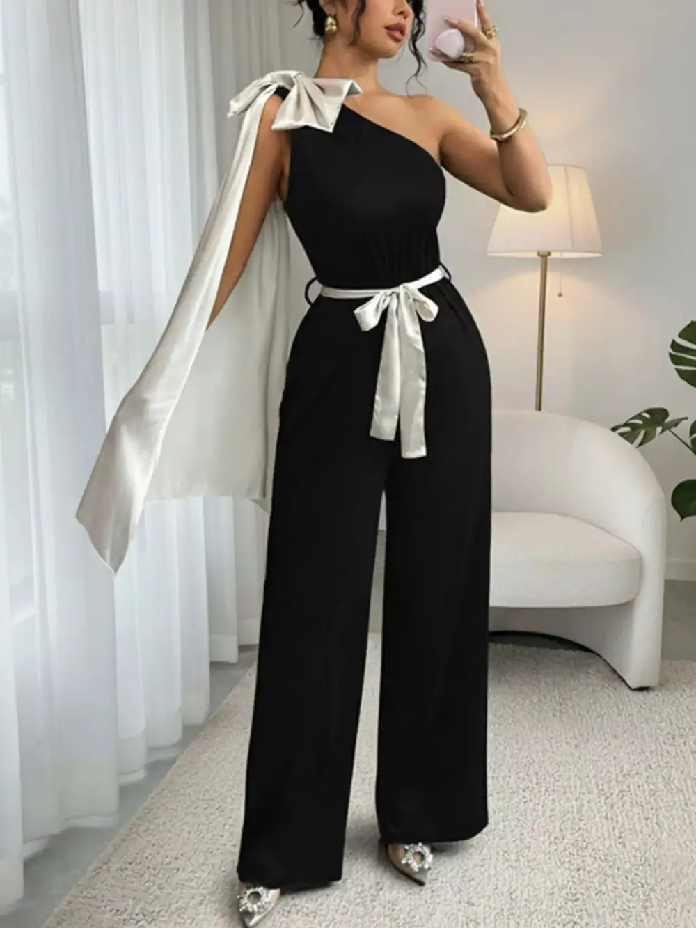 One Shoulder Bowknot Wide Leg Jumpsuit