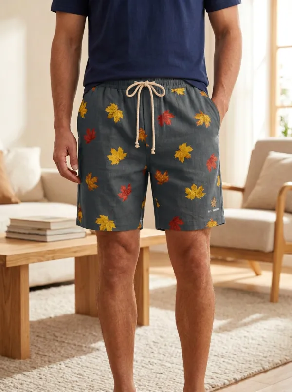Tan Maple Leaf Print Drawstring Seasonal Shorts