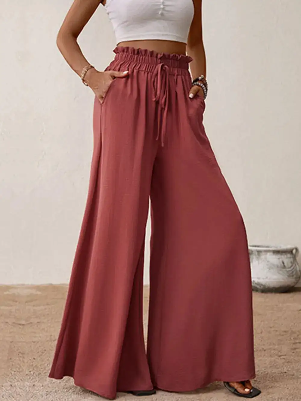 Wide Leg Tie Waist Ruffle Detail Everyday Pants