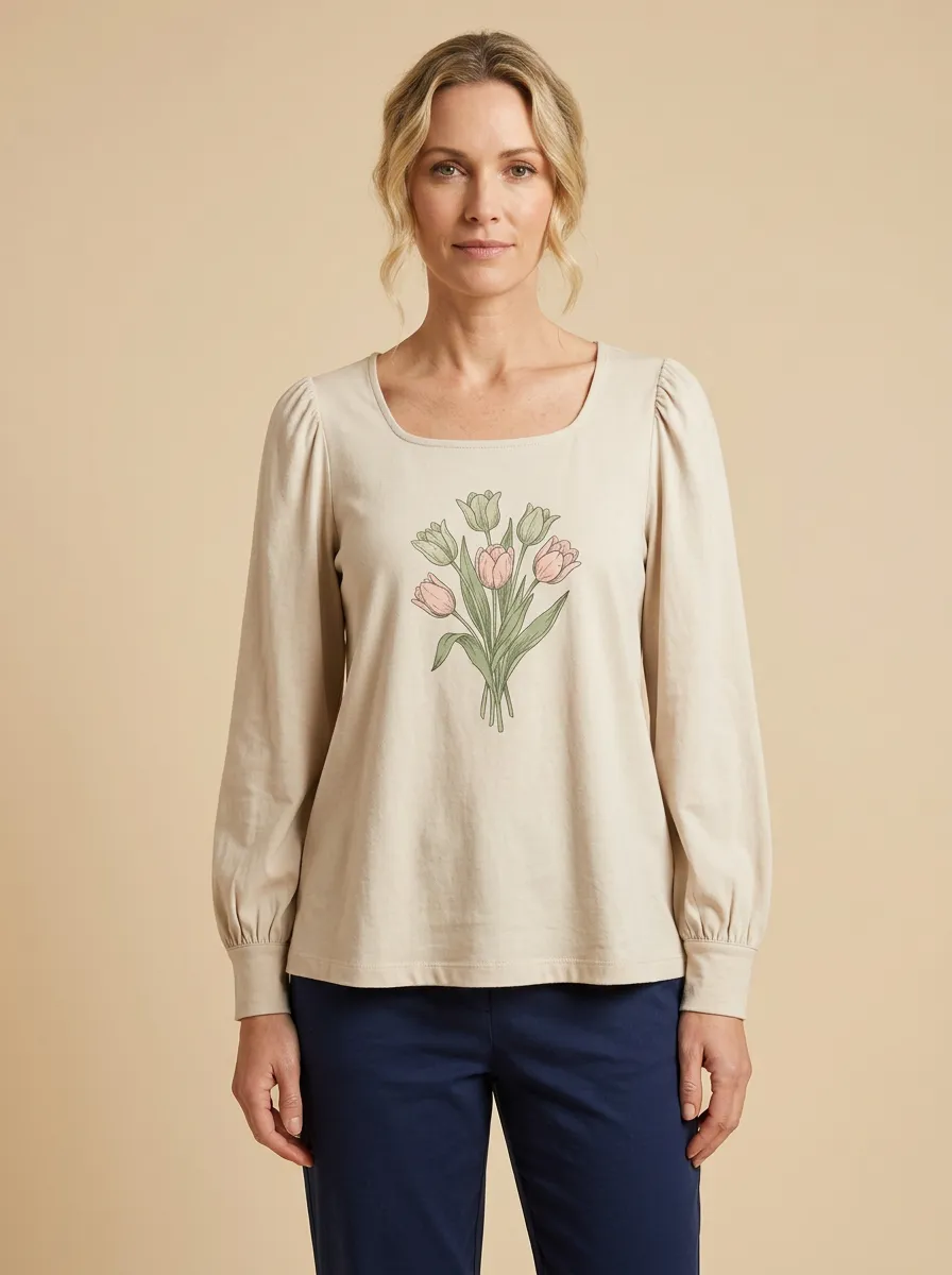 Women's Floral Graphic Square-Neck Long-Sleeve Top