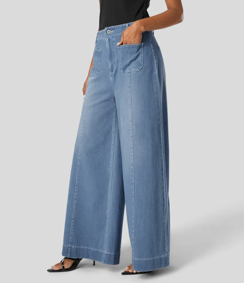 Magic High Waisted Front Pockets Washed Stretchy Knit Casual Wide Leg Jeans