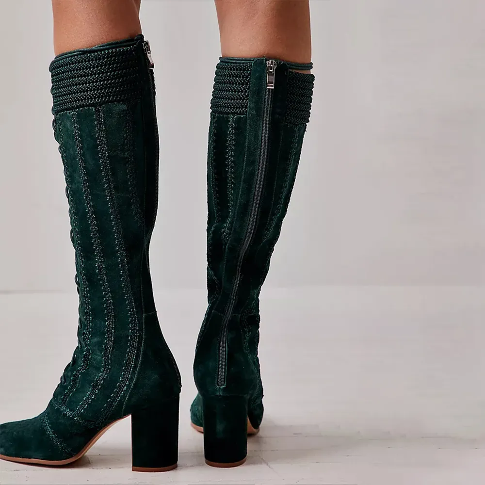 Faux-Suede Lace-Up Zip-Up Round-Toe Knee-High Boots