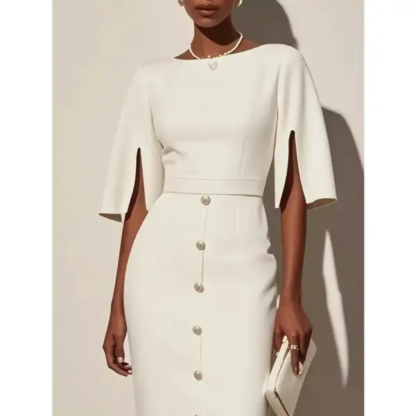 Slit Sleeve Midi Dress with Decorative Button