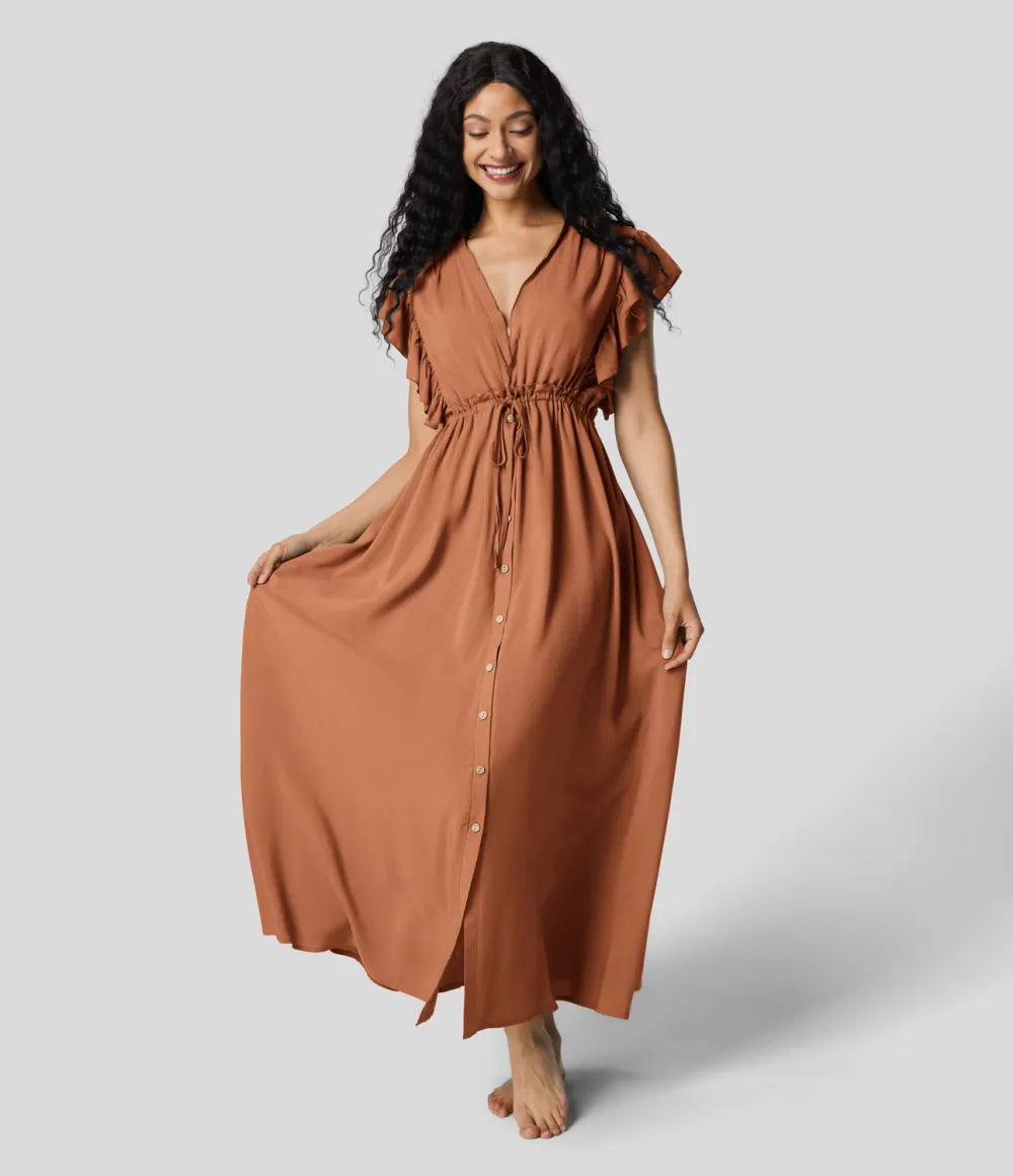 Deep V Neck Butterfly Sleeve Backless Drawstring Button Side Pocket Flowy Maxi Casual Dress