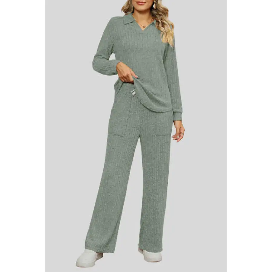 Ribbed Long Sleeve Top and Pocketed Pants Set