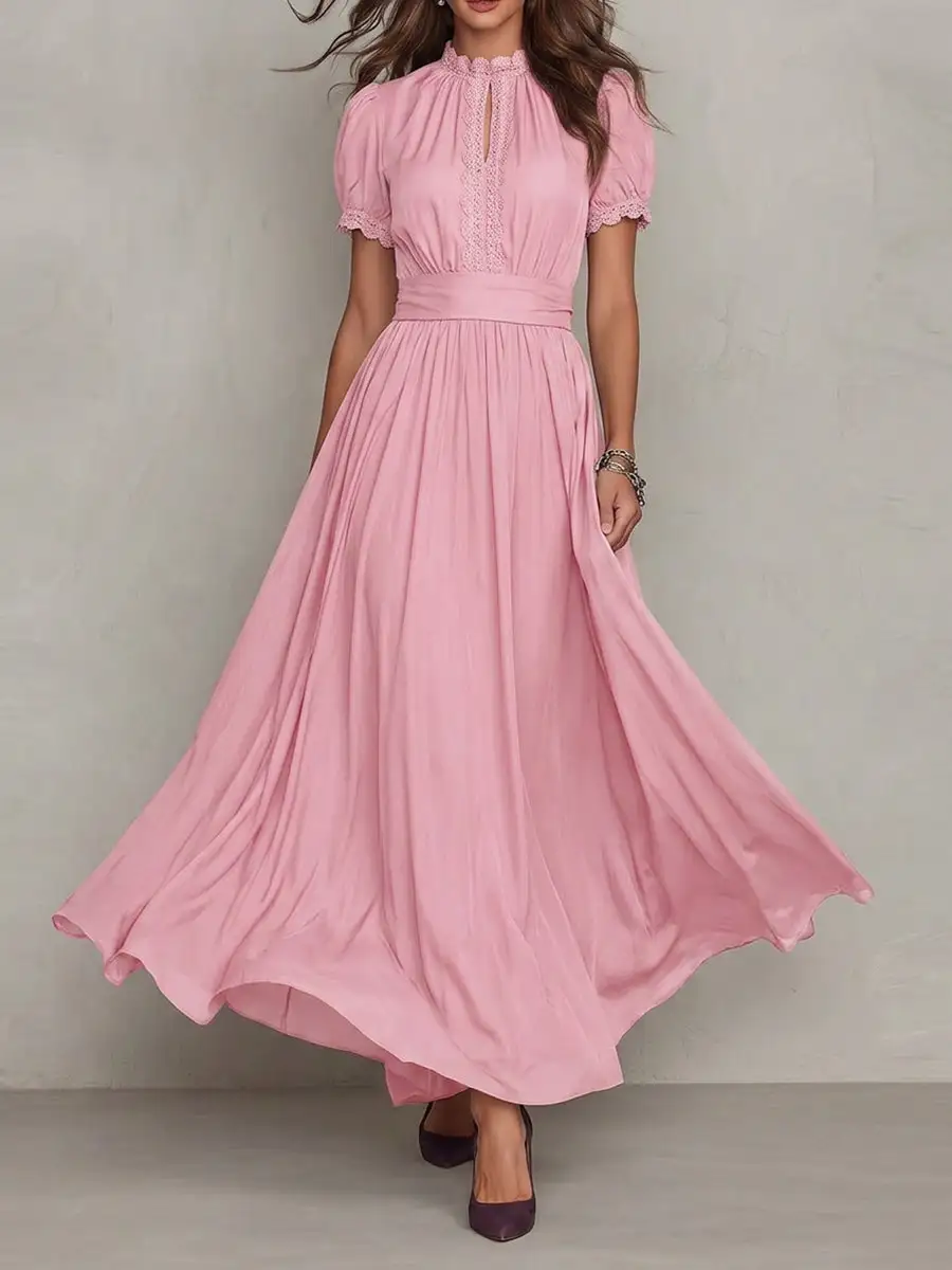 Pleated Buttoned Neck Maxi Dress