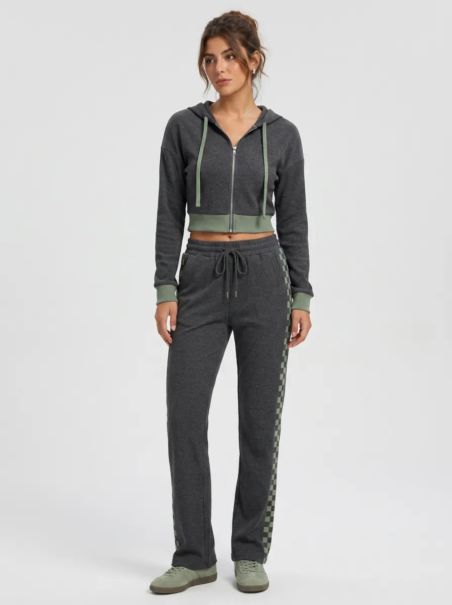 Women's Casual Sporty Checkerboard Side Striped Waffle Knit Tracksuit