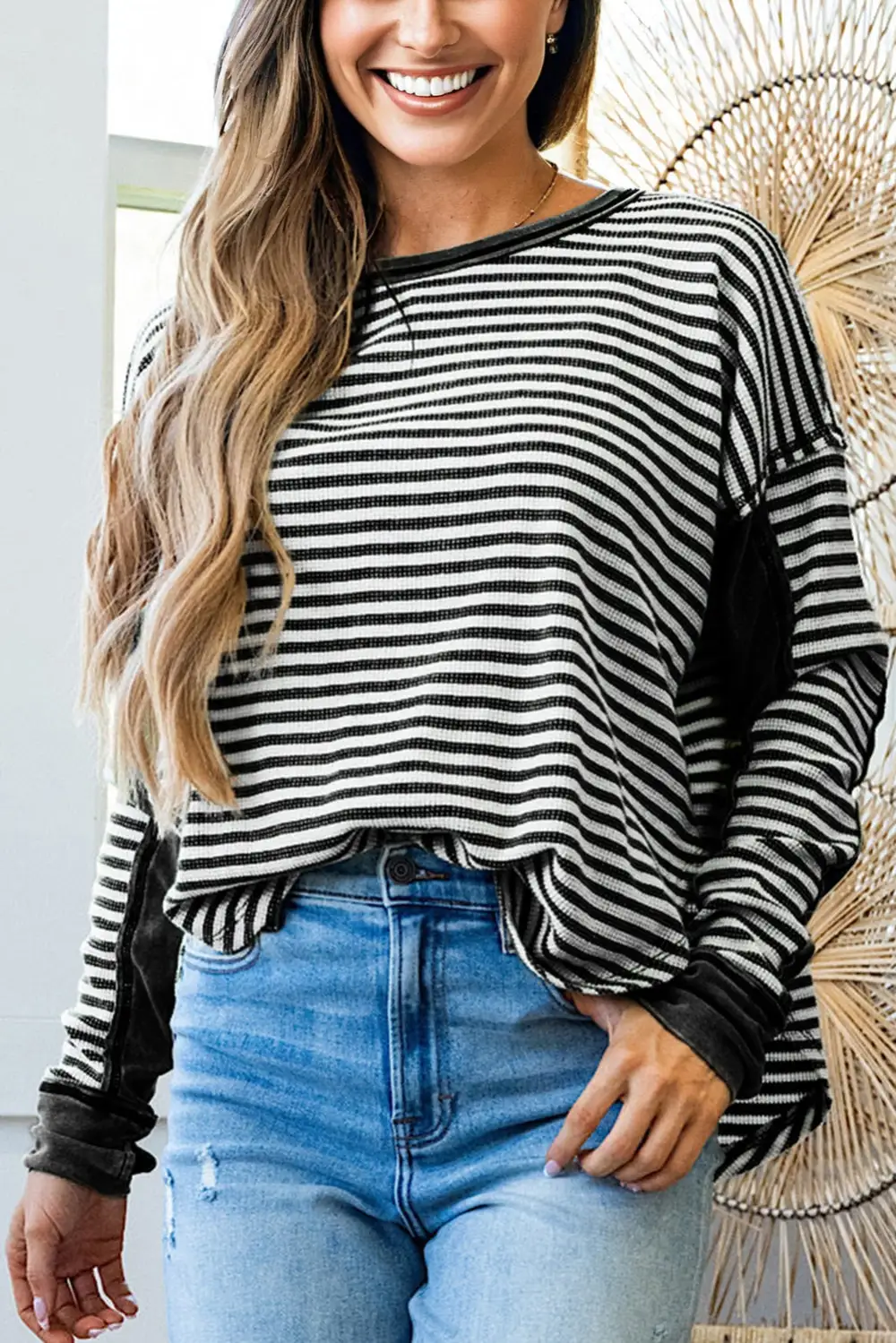 Women's Striped Thermal Knit Drop Shoulder Top