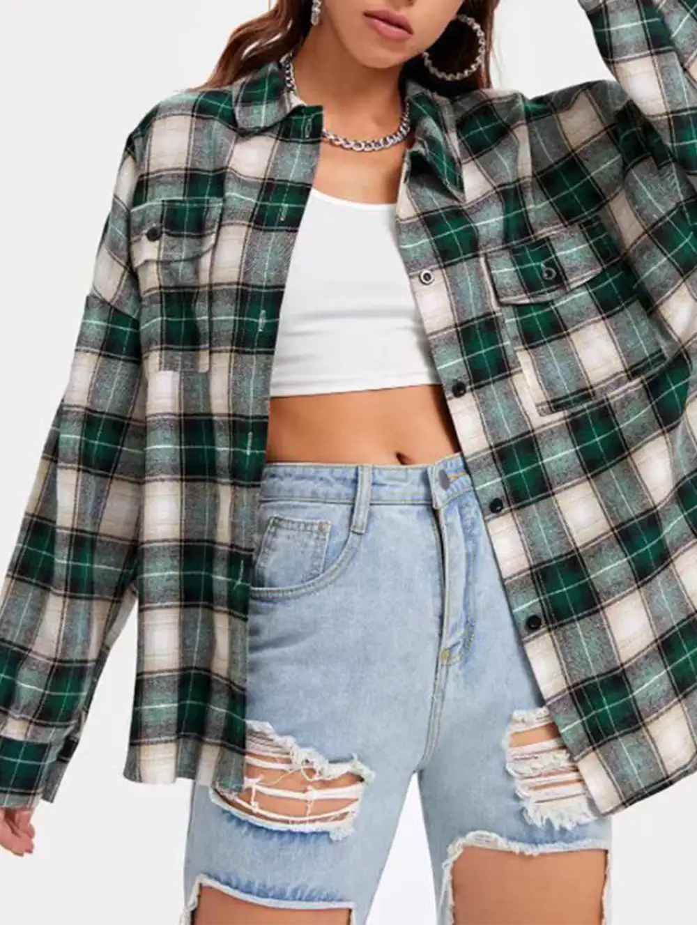 Plaid Loose Fit Long Sleeve Shirt Jacket