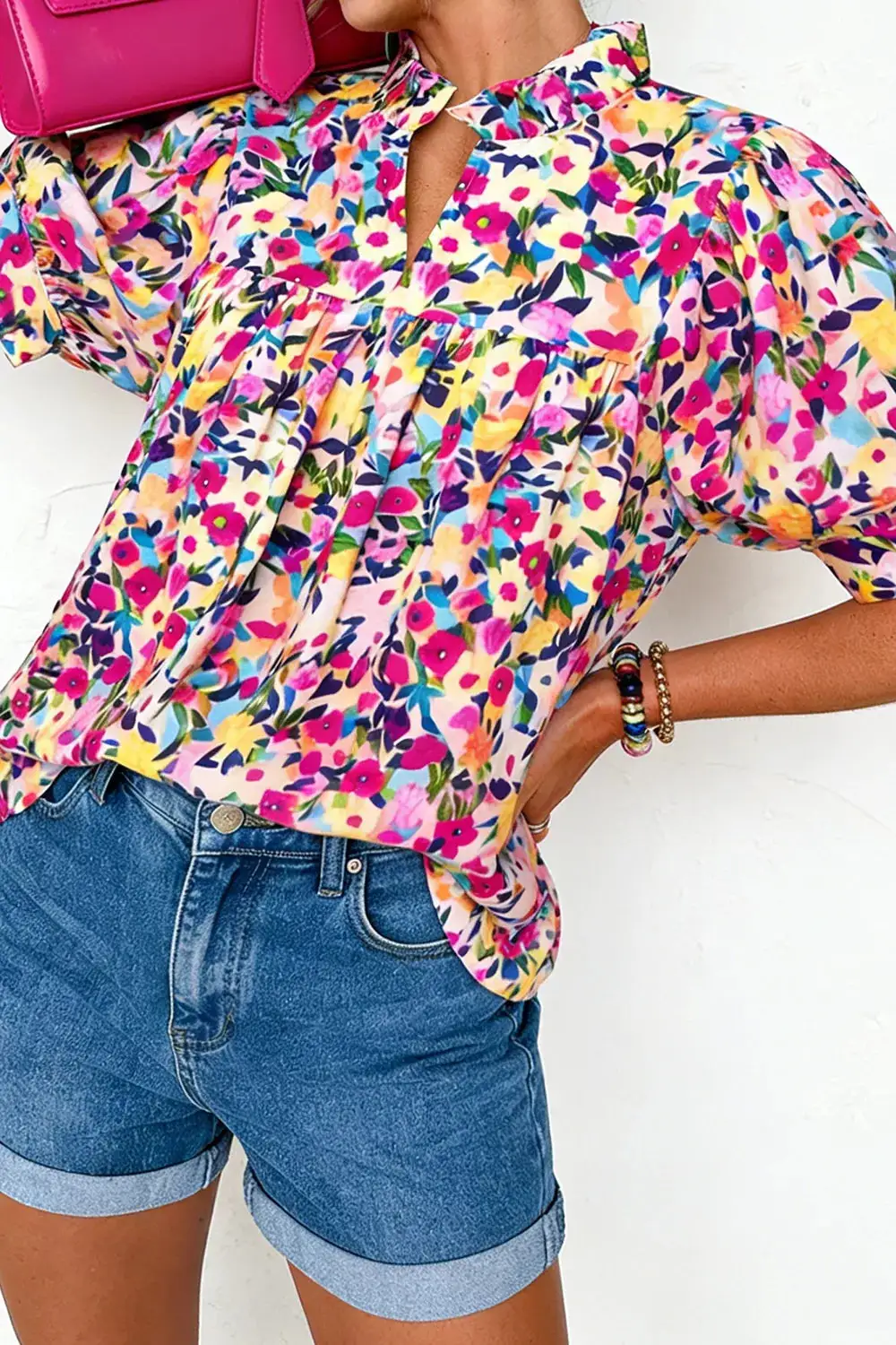 Flower Print Frilled Collar Short Puff Sleeve Summer Blouse