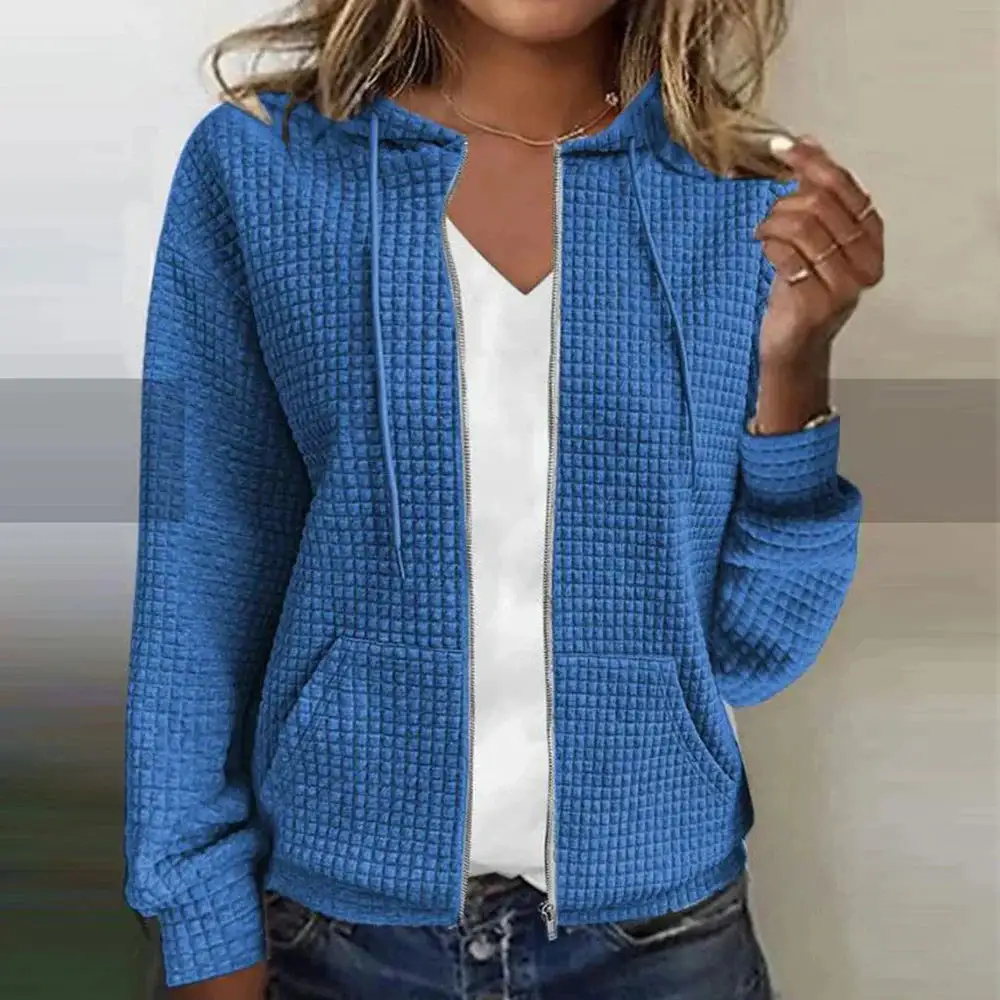  Waffle Knit Zip Up Hooded Jacket