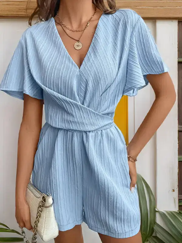Ruffle Sleeve Lace Up Textured Jumpsuit
