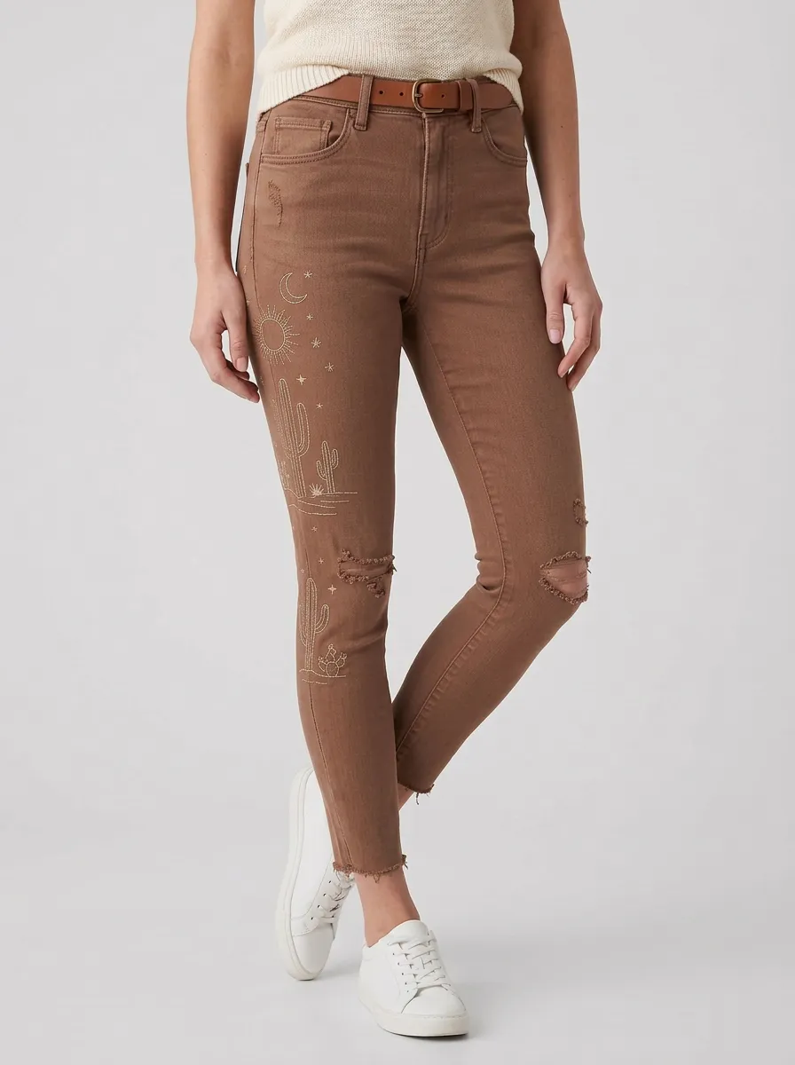 Women's Desert Boho Cactus Sun Moon Graphic Slim Jeans