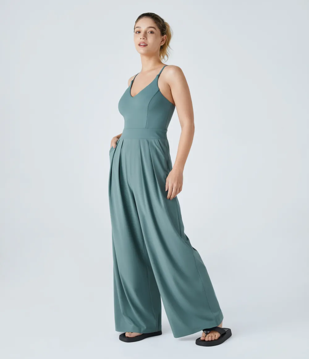 Breezeful Backless Side Invisible Zipper Pocket Wide Leg Quick Dry Resort Slip Jumpsuit
