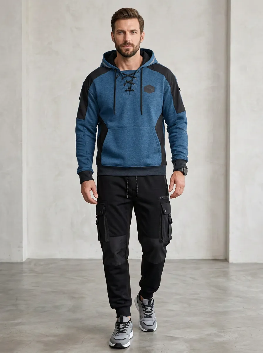 Trail-Inspired Lace-Up Multi Pocket Design Men's Lace Up Hoodie And Cargo Jogger Set