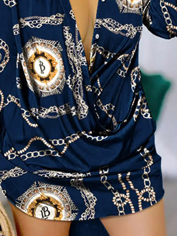 Refined Long Sleeve Relaxed Figure Printed Lapel Mini Dress Shirt Dress