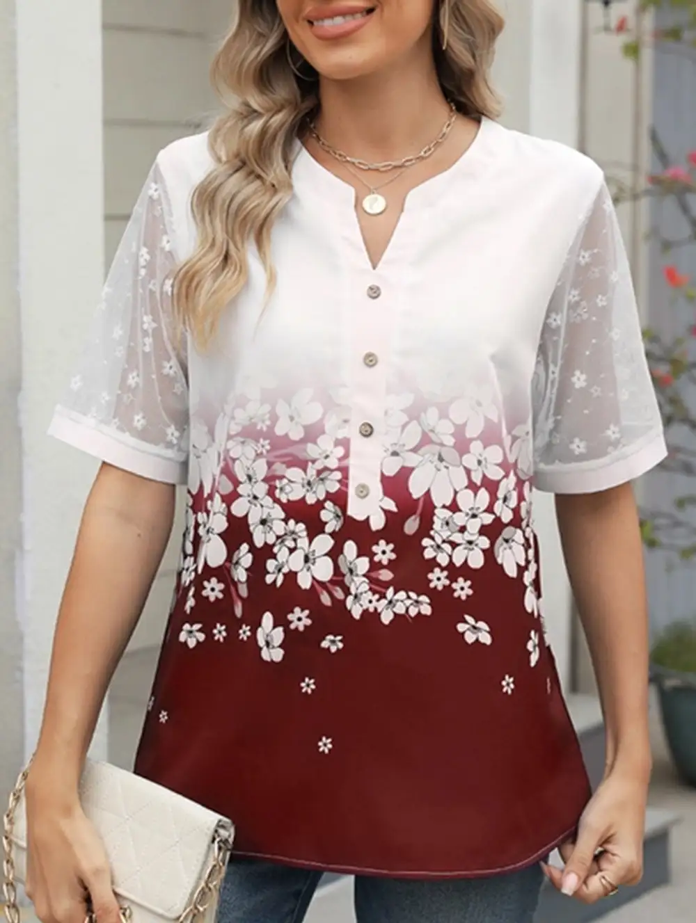 Printed Lace Detail Blouse