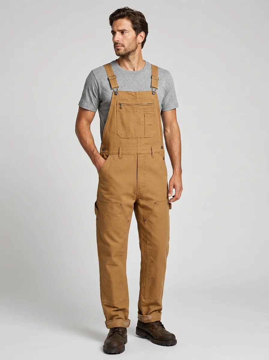 Men's Workwear Casual Brown Cotton Bib Overalls