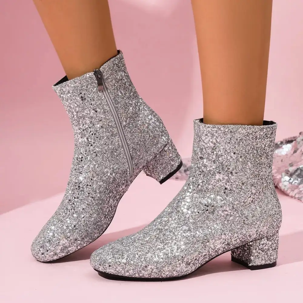 Sequin Round Toe Block Heel Boots
