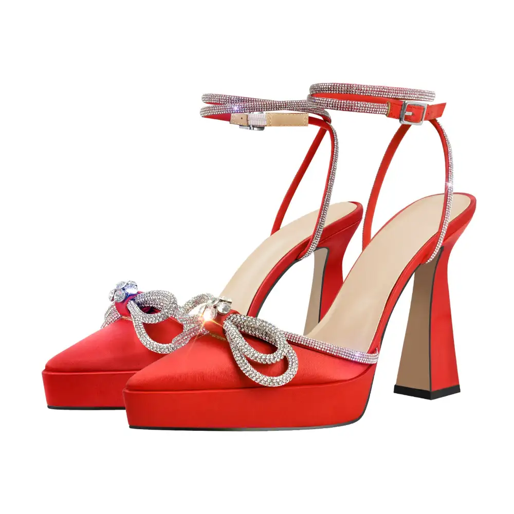 Rhinestone Pointed Toe Low Platform Chunky Heel Pumps