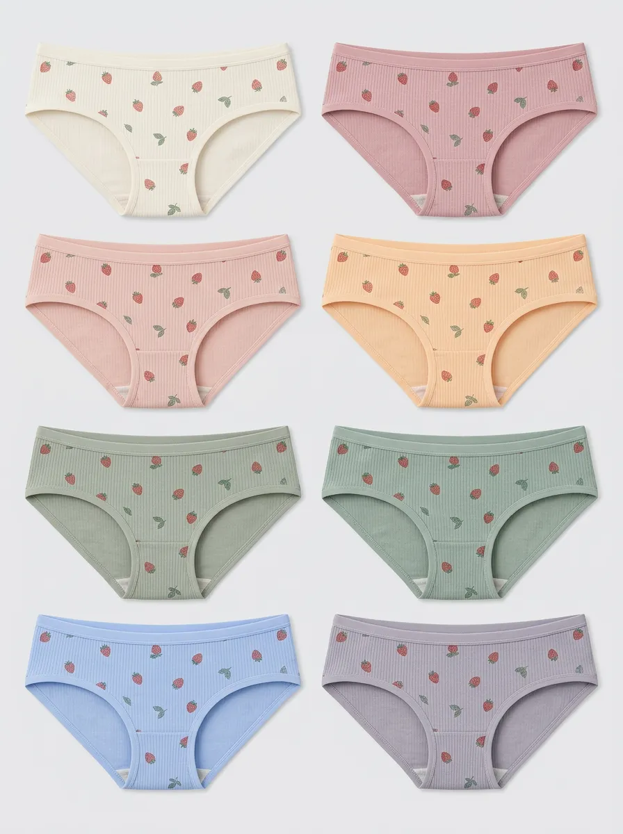 Women's Cute Strawberry Pattern Ribbed Multi-pack Printed Panties