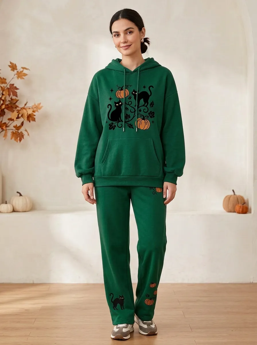 Women's Halloween Black Cat Pumpkin Printed Hoodie Pants Set