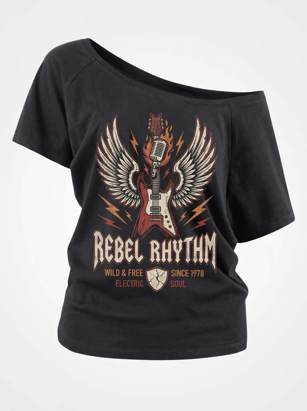 Women's Rock Music Lover Winged Guitar Microphone Printed T-shirt