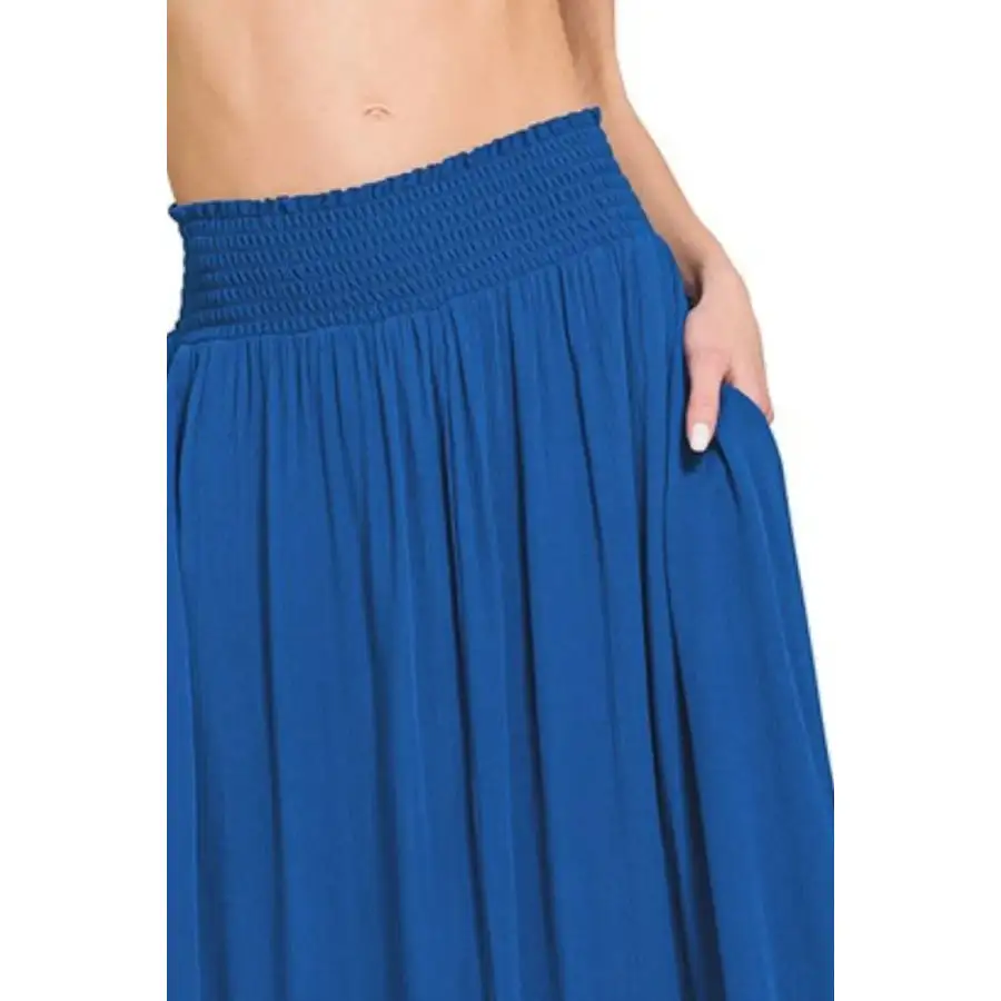Soft Woven Crinkle Smocked Waist Maxi Skirt W Pockets