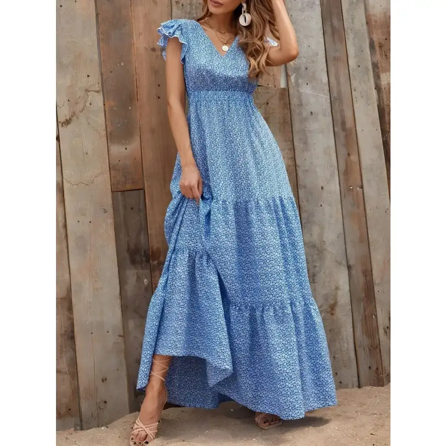 Printed V Neck Ruffled Cap Sleeve Maxi Dress