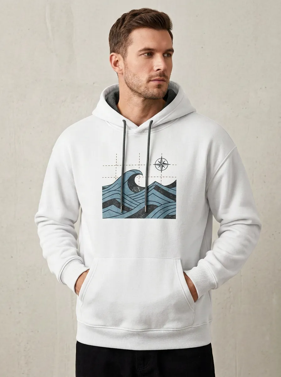 Men's Ocean Adventure Compass Wave Printed Hoodie