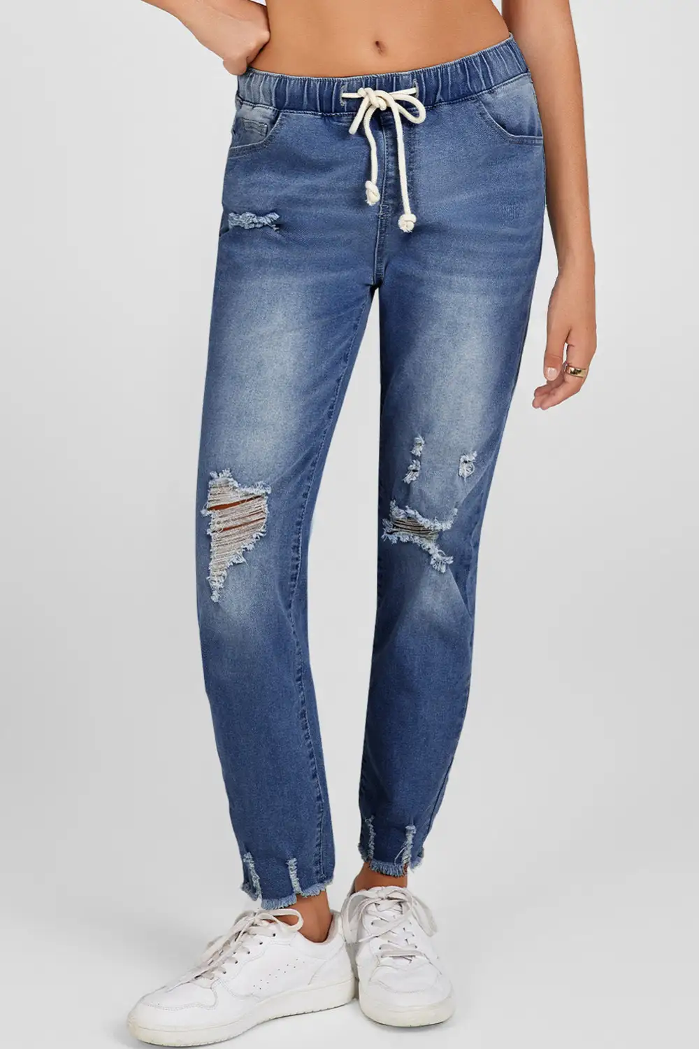 Mid-Rise Raw-Hem Ripped Elastic-Waist Straight Leg Jeans