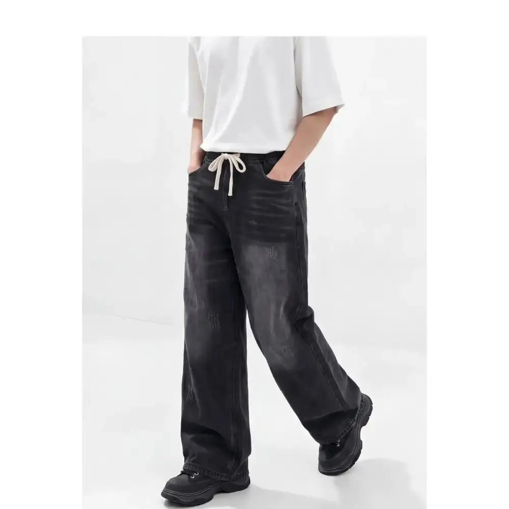 Distressed Drawstring Straight Leg Jeans