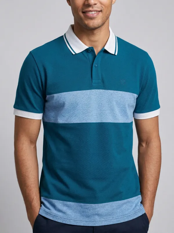 Men's Casual Blue Colorblock Striped Polo Shirt