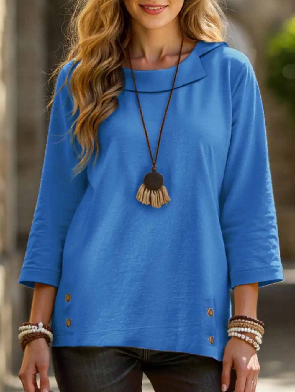Lapel Three-Quarter Sleeve Tee Top