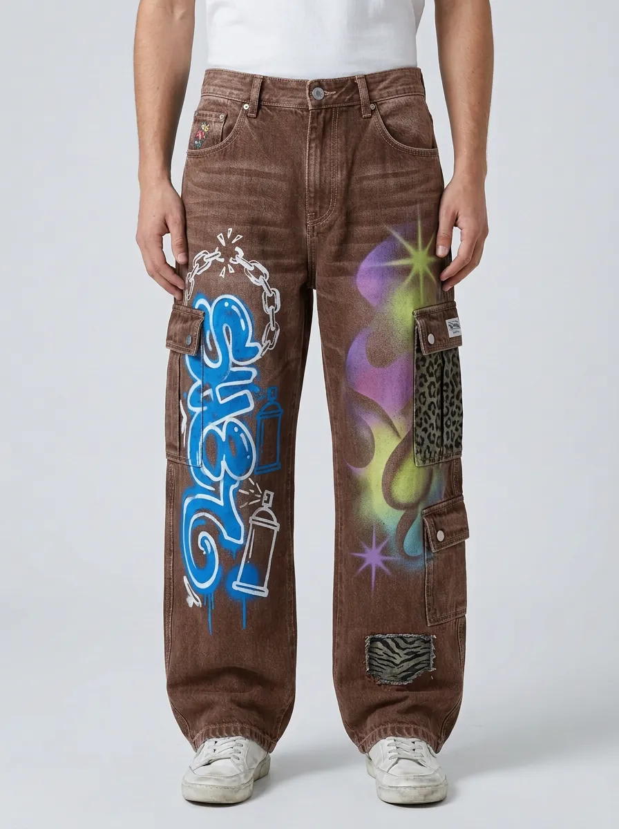 Men's Streetwear Graffiti Flame Leopard Graphic Cargo Jeans