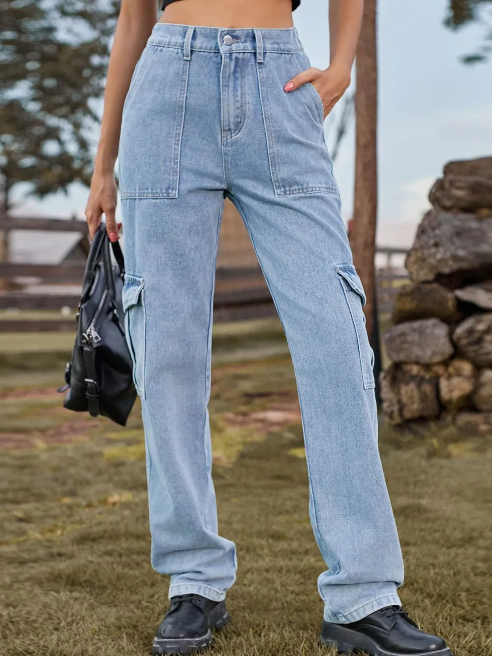 Relaxed High Waist Cargo Denim Jeans