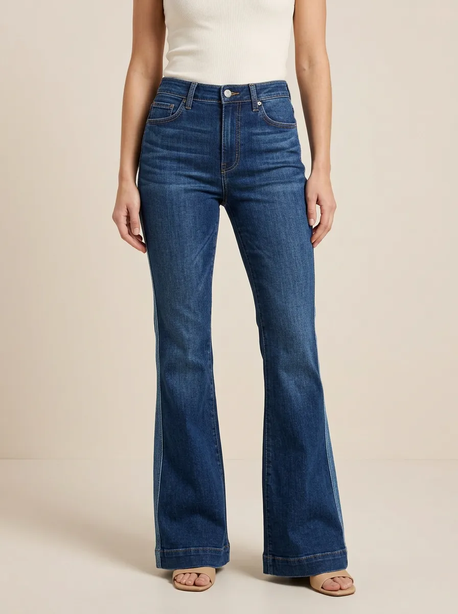 Five Pocket Contrast Stitch Faded Finish Printed Detail Flare Jeans