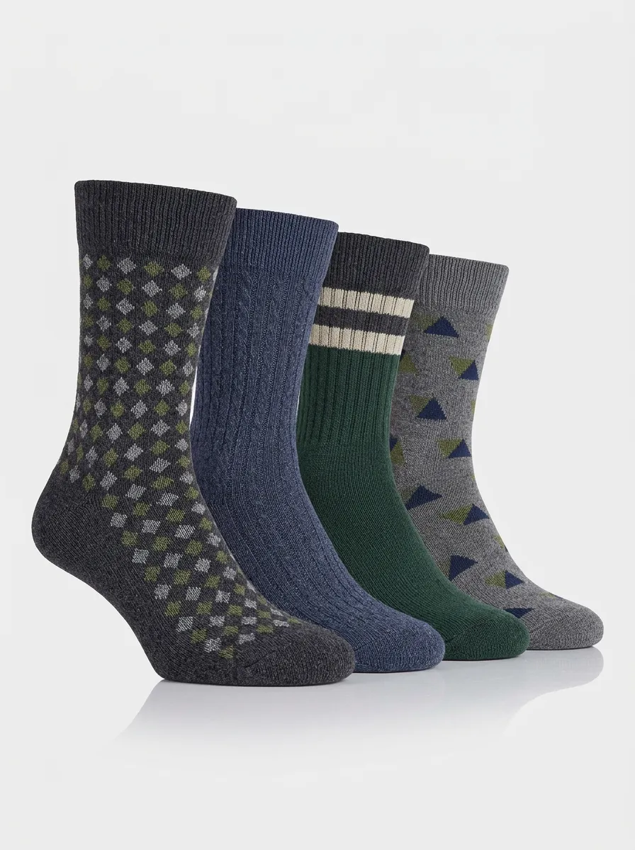Men's Crew Socks Four-Pair Pack with Argyle Striped Geometric Ribbed Texture