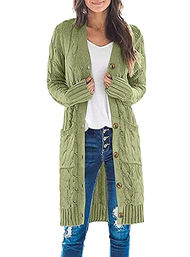 Womens Long Sleeve Cable Knit Long Cardigan Open Front Button Sweater Outerwear