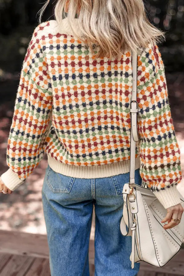Dotty Pattern Knit Button Front V Neck Everyday Layer Cardigan