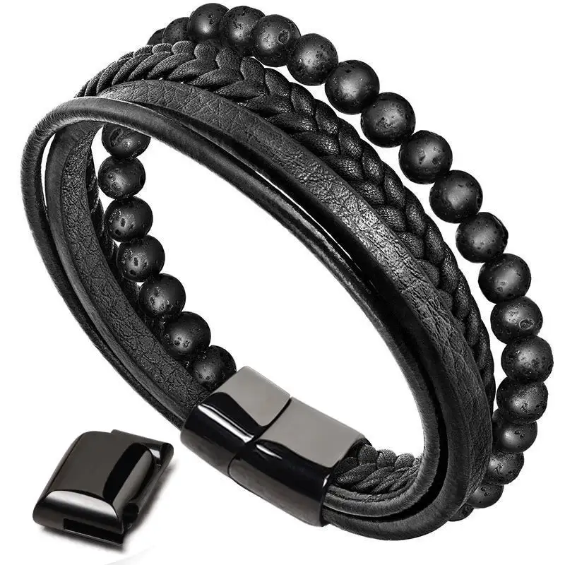 Natural Lava Rock Onyx Bead Leather Bracelet