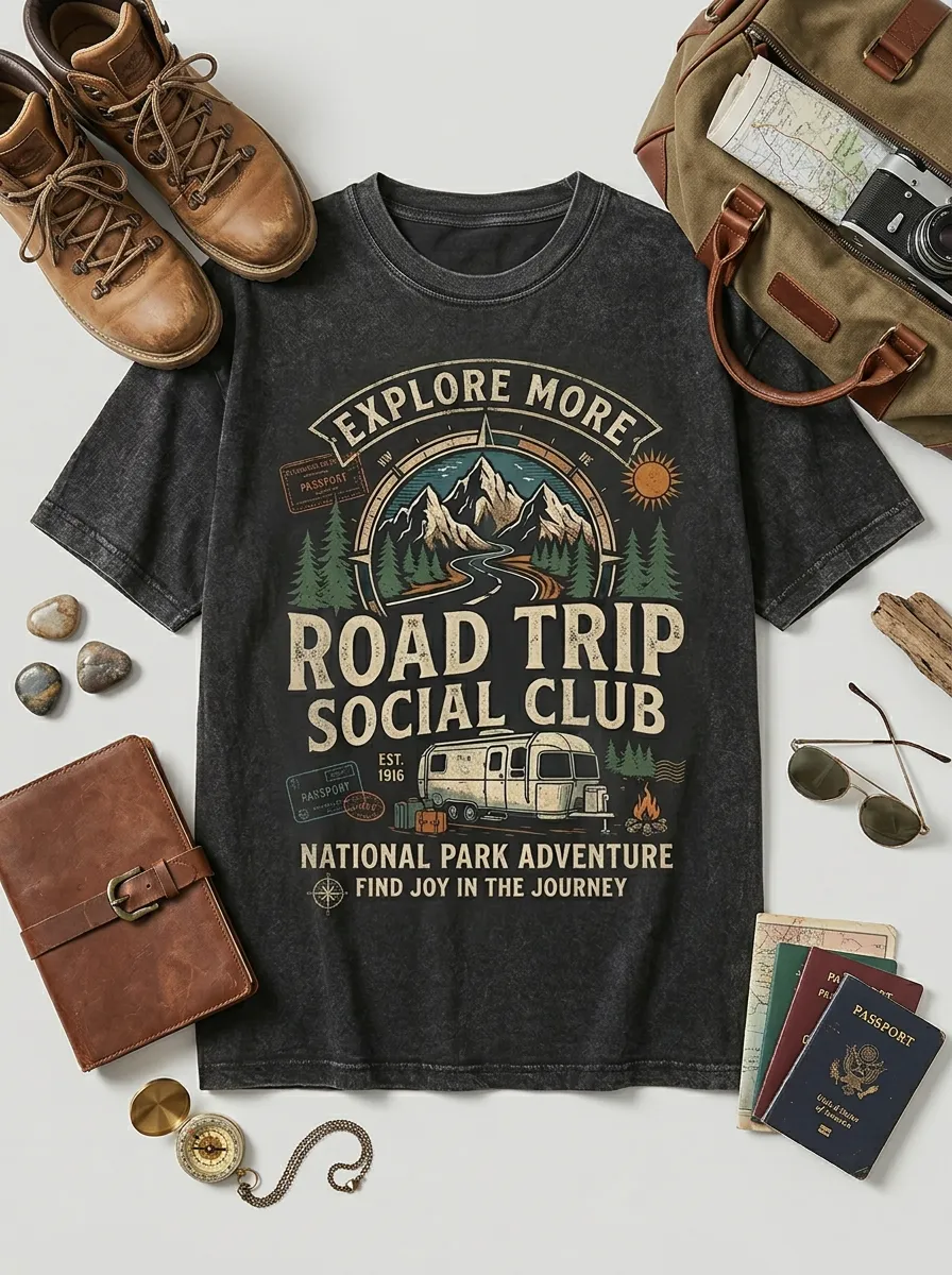 Unisex Road Trip Adventure Mountain Camper Printed T-shirt