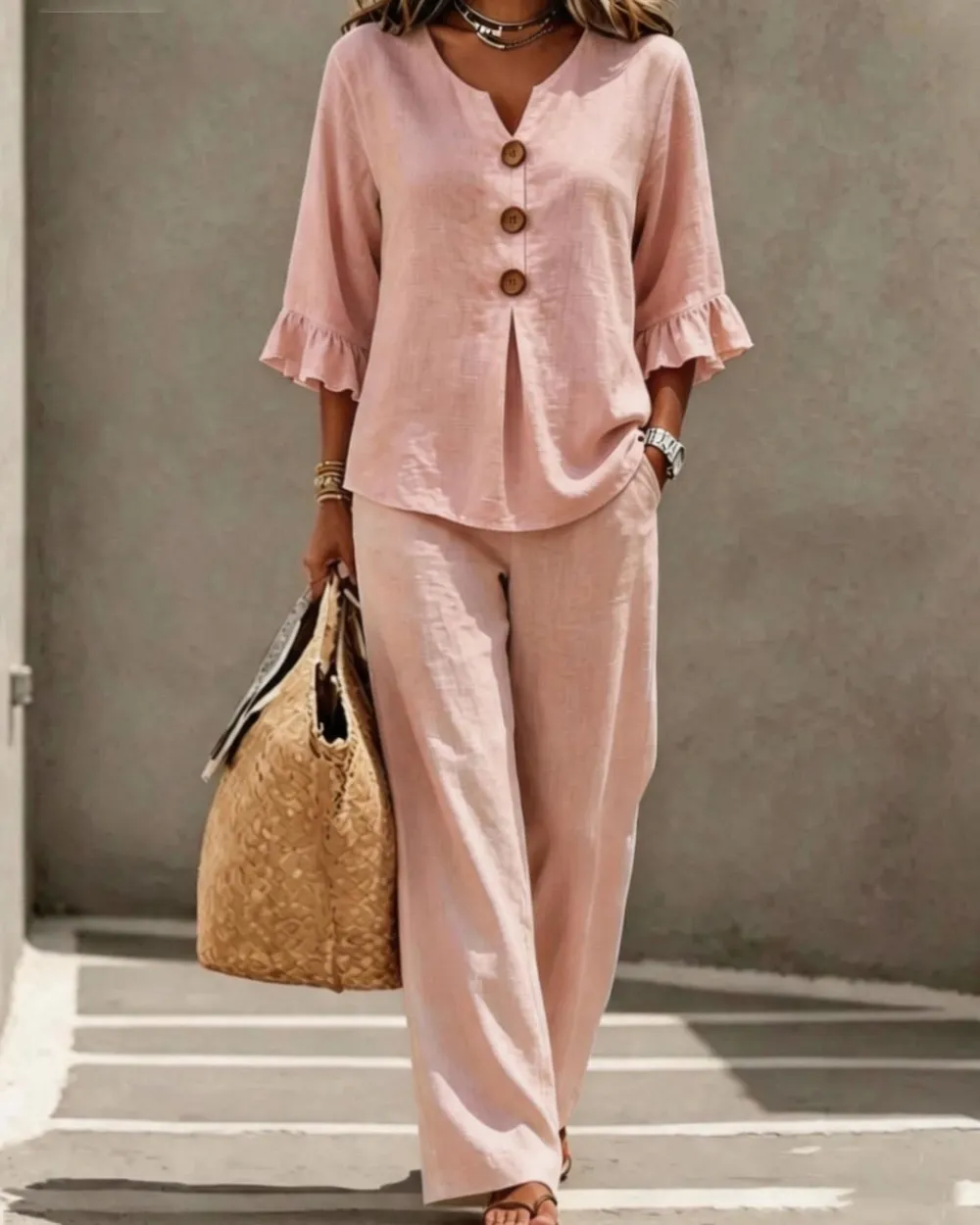 Vacation Two-Piece Set Ruffle Sleeve Top Button Relaxed Outfit